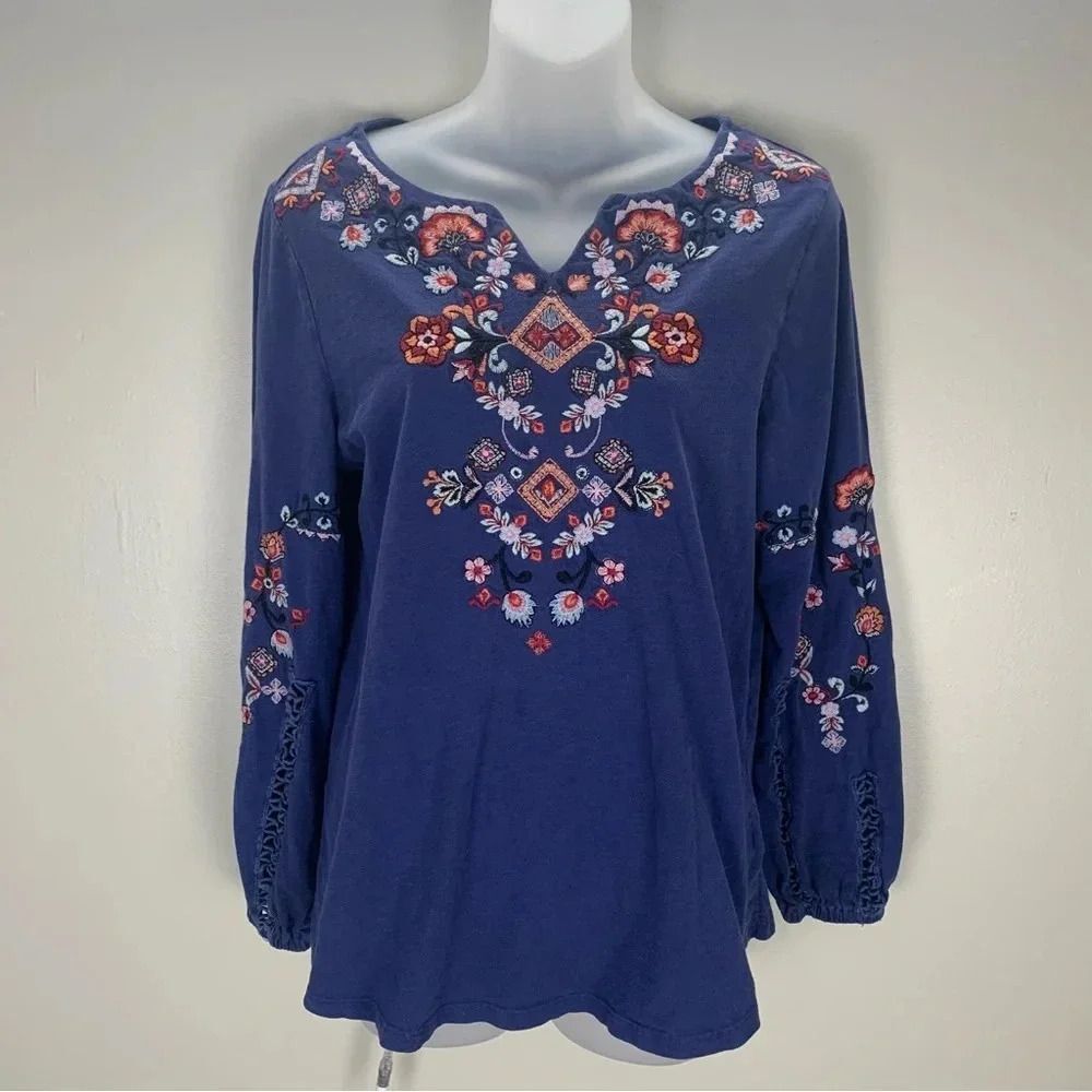 Soft Surroundings Floral Embroidered Top Navy Blue 100% Cotton Long Sleeve XS